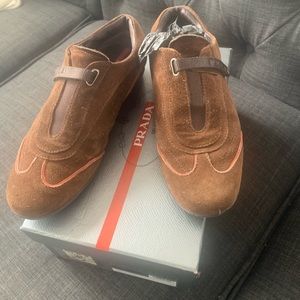 Prada Sport brown Velcro strap velour sneakers.